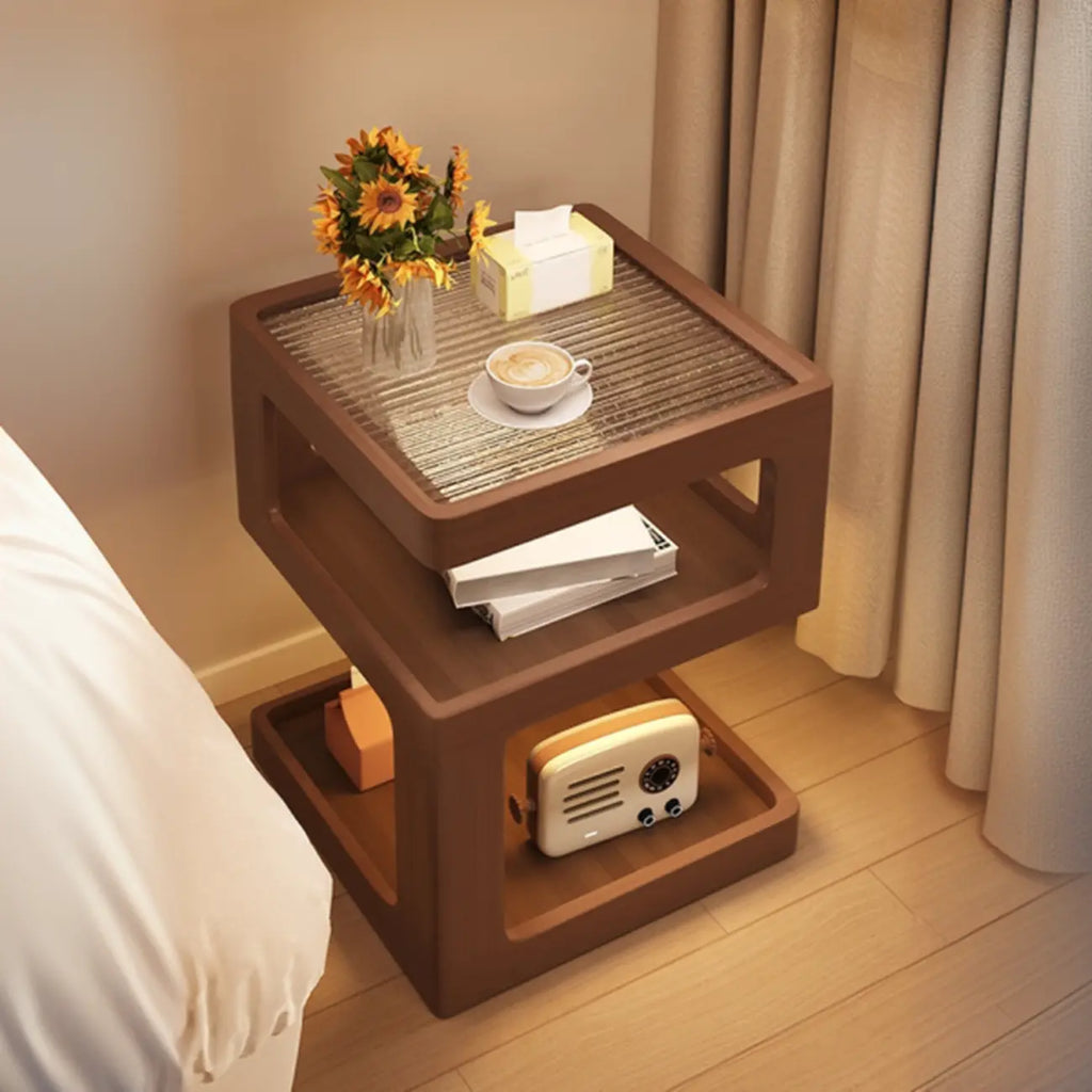 Cubic Glass Top Rubberwood Open Storage Nightstand with Light