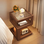 Cubic Glass Top Rubberwood Open Storage Nightstand with Light