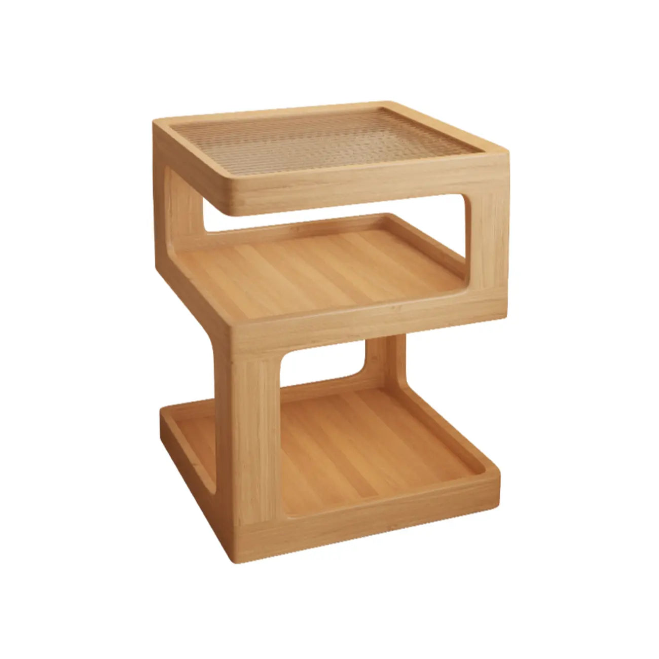 Cubic Glass Top Rubberwood Open Storage Nightstand with Light