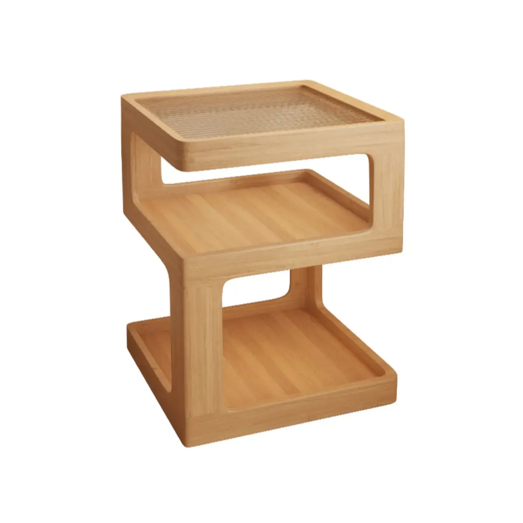 Cubic Glass Top Rubberwood Open Storage Nightstand with Light