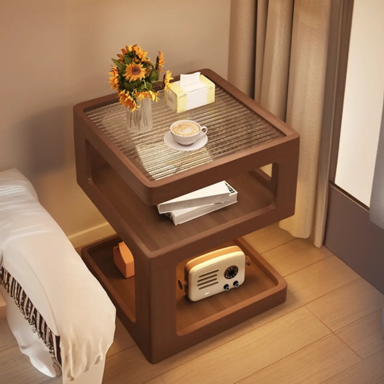 Cubic Glass Top Rubberwood Open Storage Nightstand with Light
