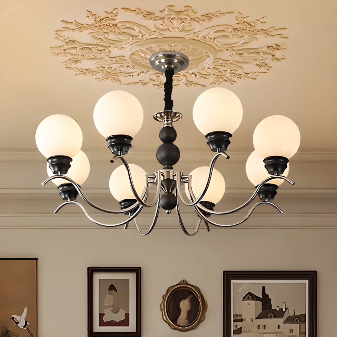 Classic Black Metal Modern Globe Glass Chandelier