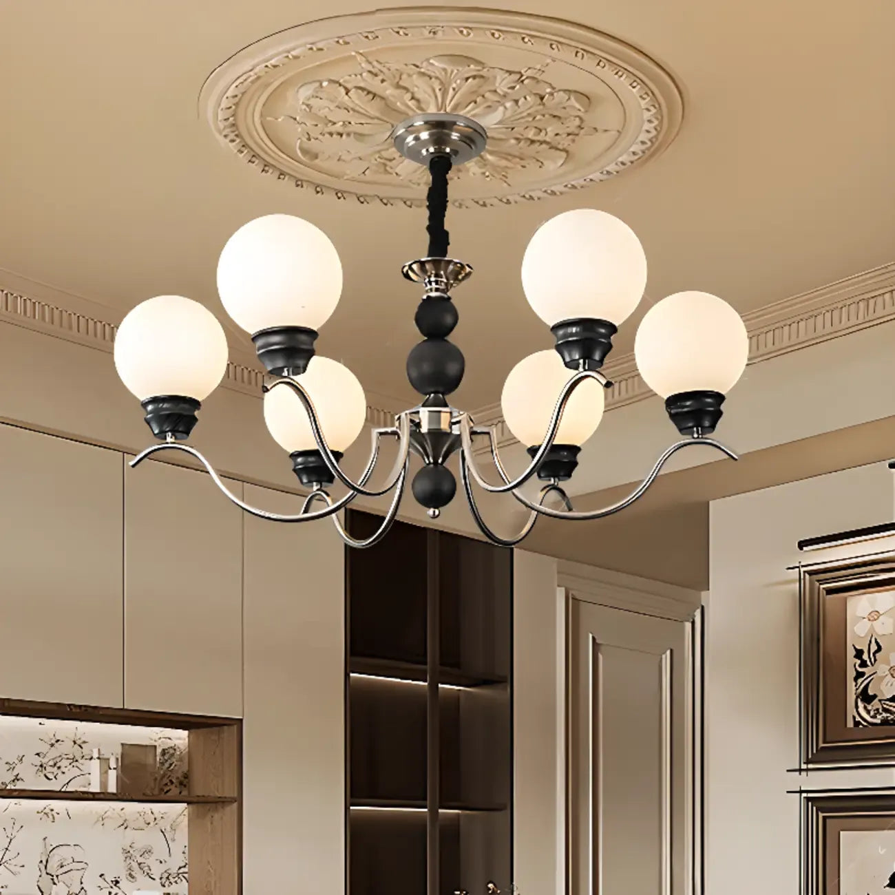 Classic Black Metal Modern Globe Glass Chandelier