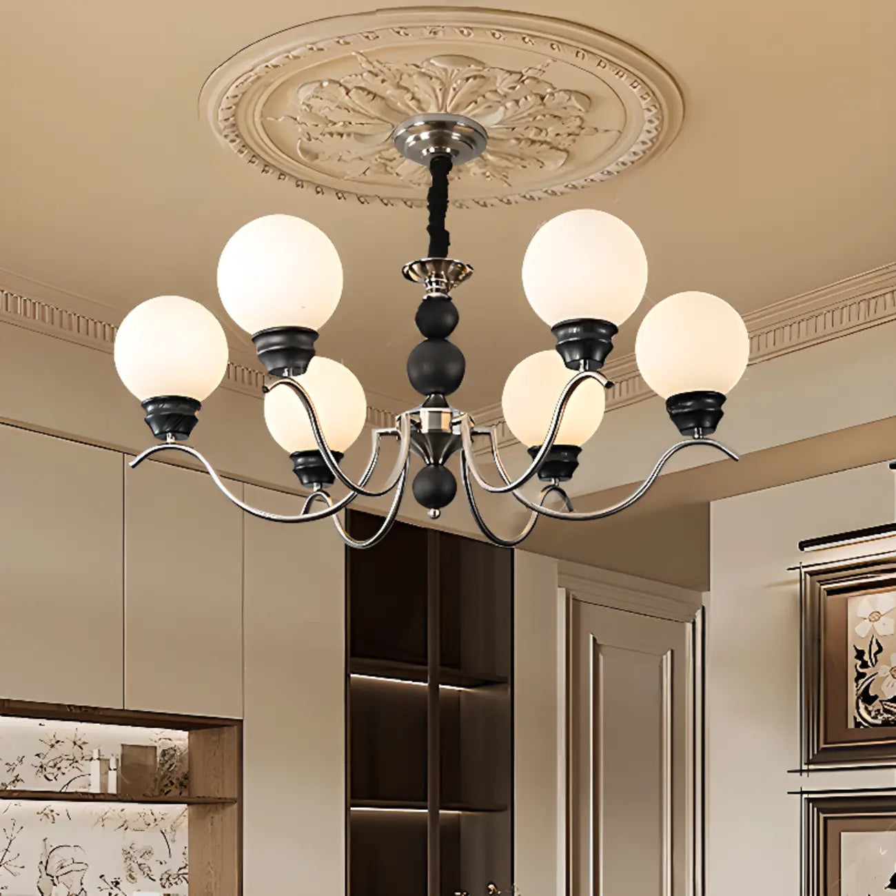 Classic Black Metal Modern Globe Glass Chandelier