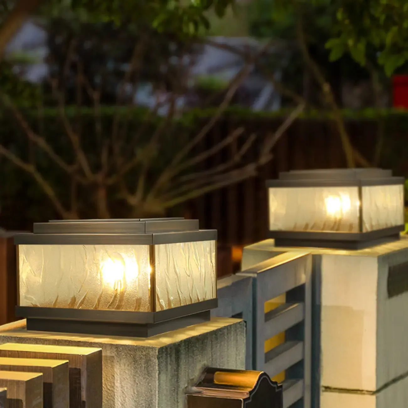 Elegant Bronze Ripple Square Solar Outdoor Post Lights