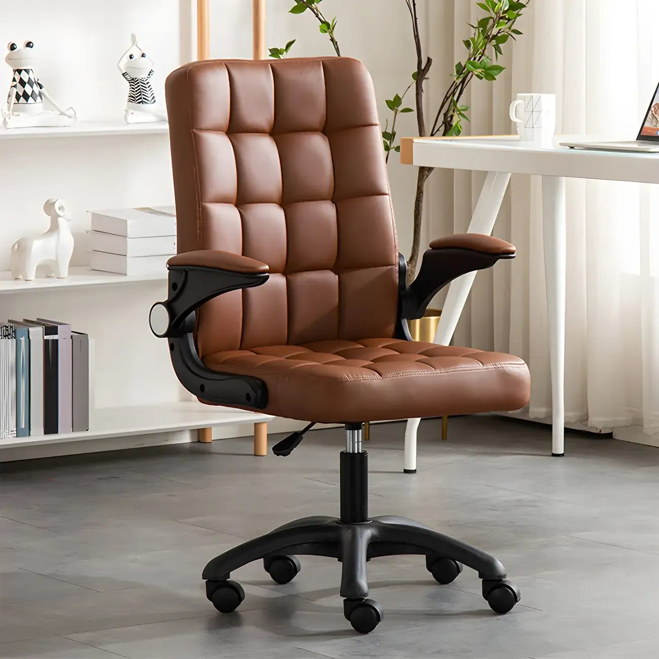 Tufted Brown Faux Leather Adjustable Swivel Office Chair