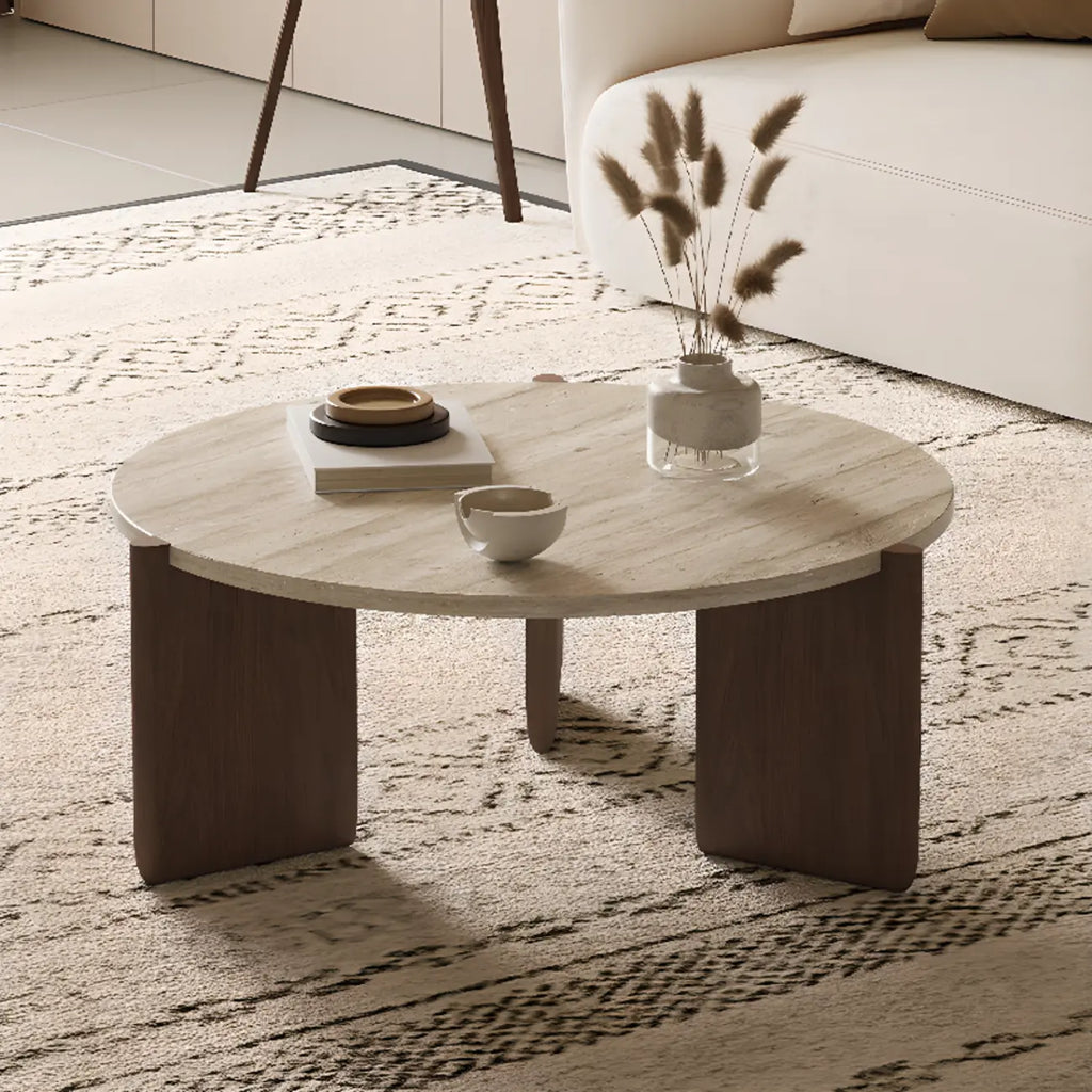 Modern Beige Travertine Top Coffee Table in Hexagon/Round