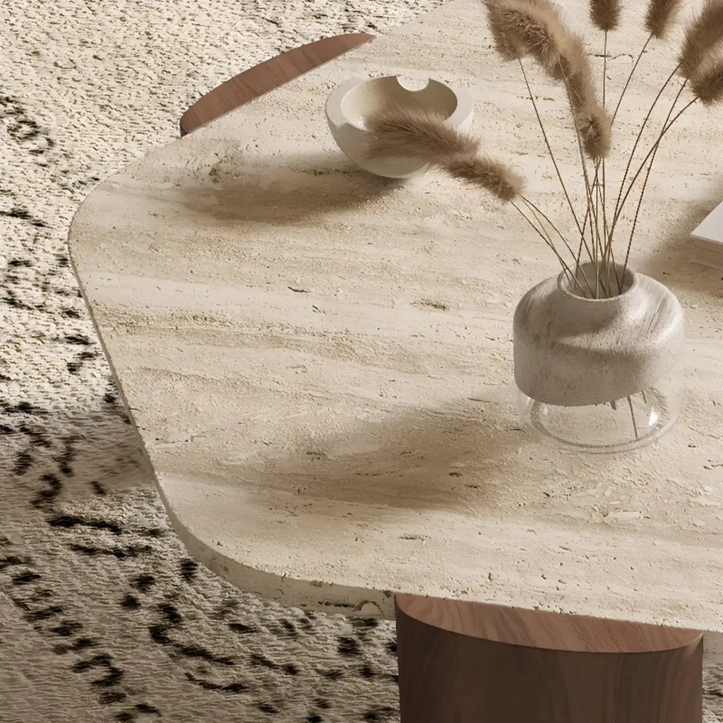 Modern Beige Travertine Top Coffee Table in Hexagon/Round