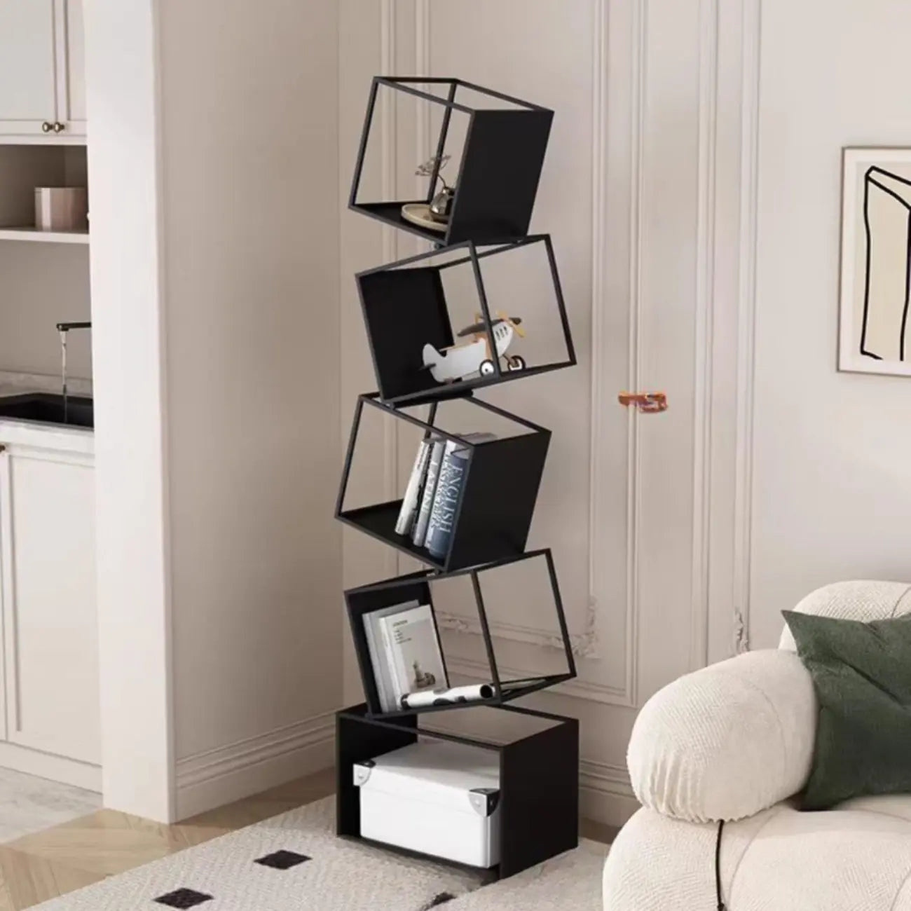 Art Deco Geometric Tall Black Metal Etagere Open Bookcase
