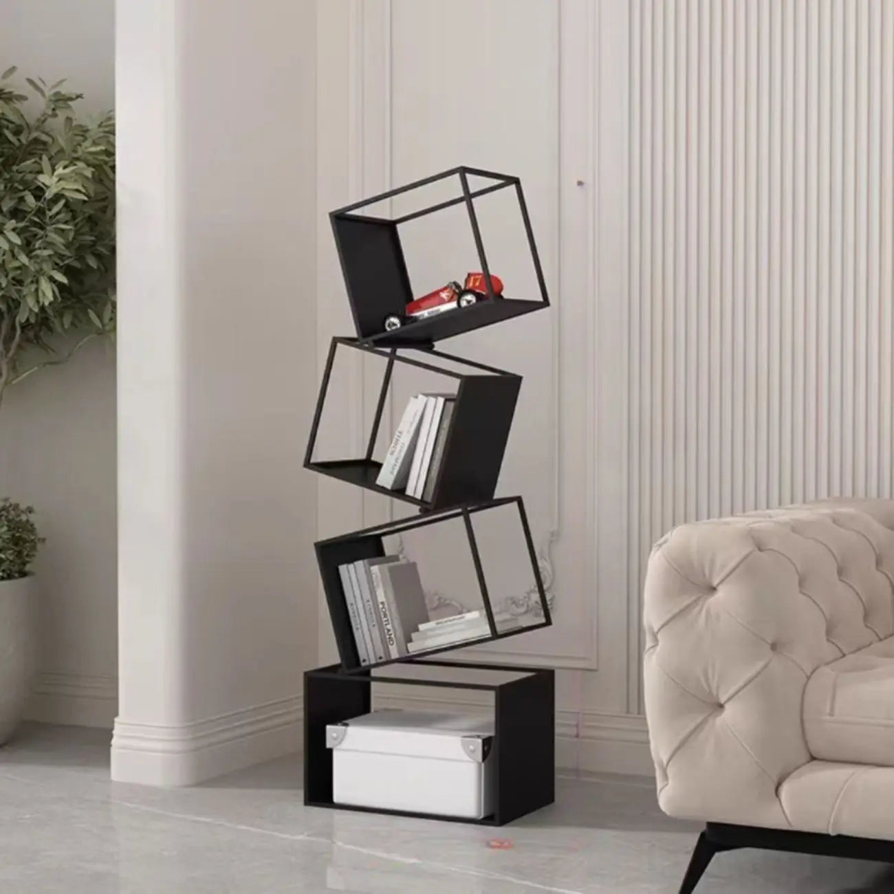 Art Deco Geometric Tall Black Metal Etagere Open Bookcase