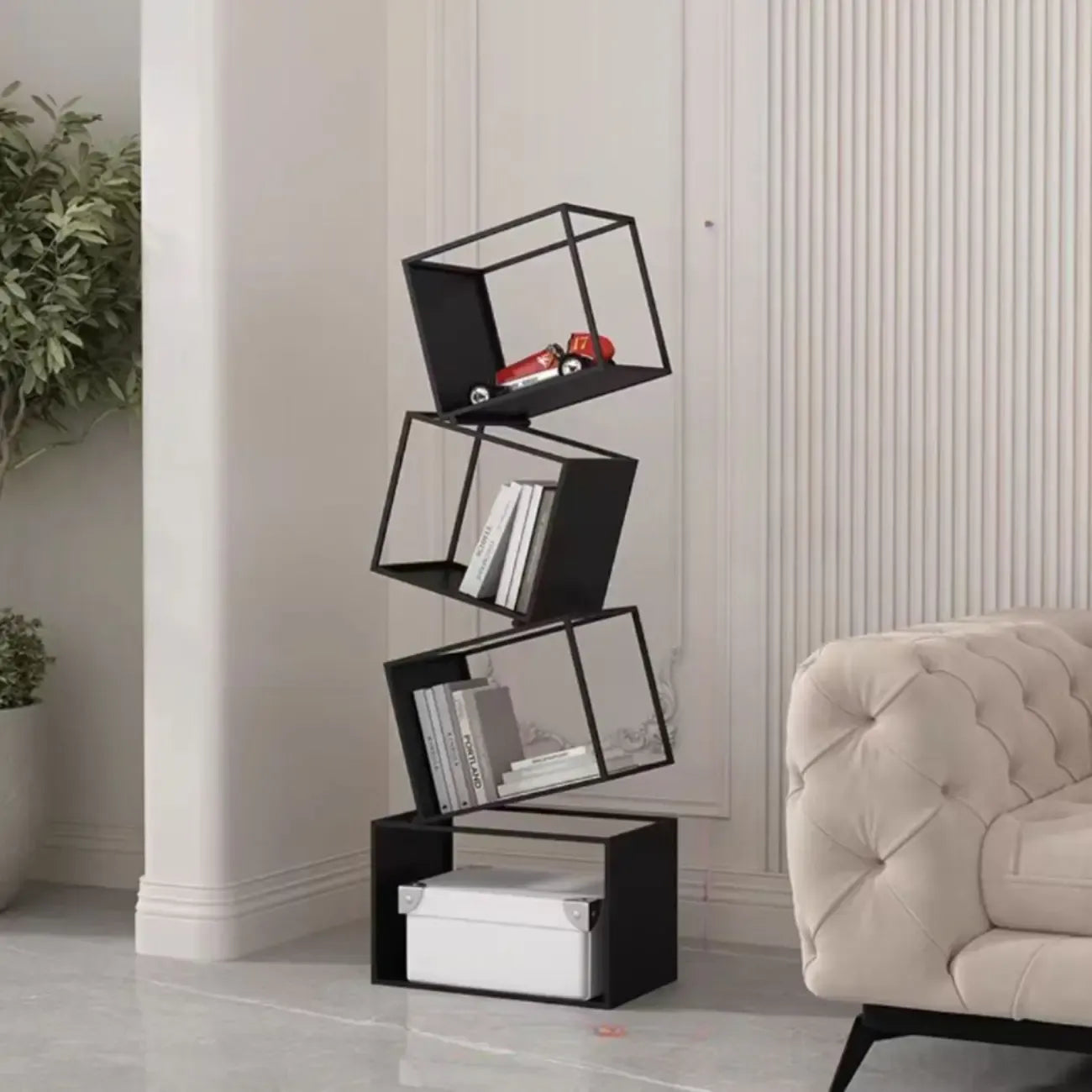 Art Deco Geometric Tall Black Metal Etagere Open Bookcase