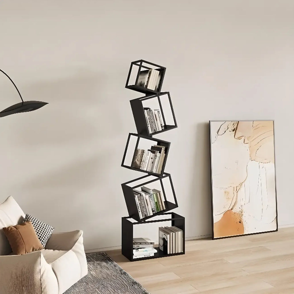 Art Deco Geometric Tall Black Metal Etagere Open Bookcase