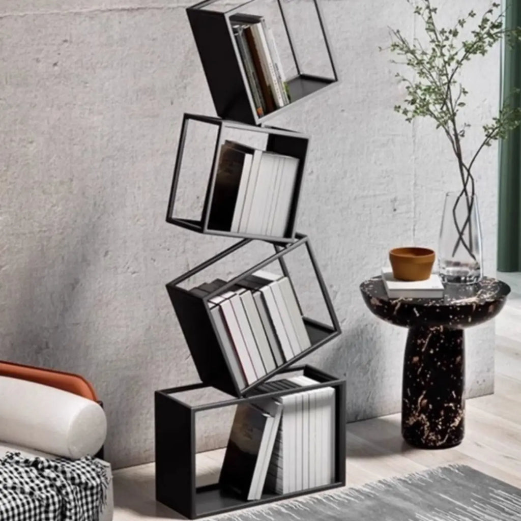 Art Deco Geometric Tall Black Metal Etagere Open Bookcase