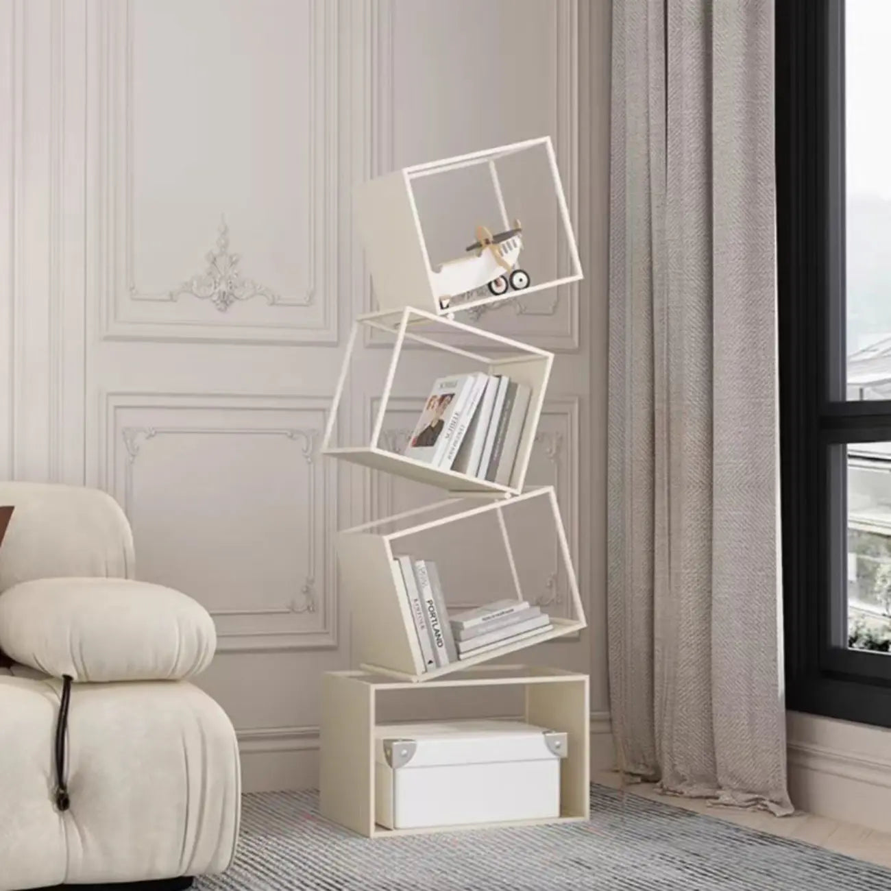 Art Deco Geometric Tall Black Metal Etagere Open Bookcase
