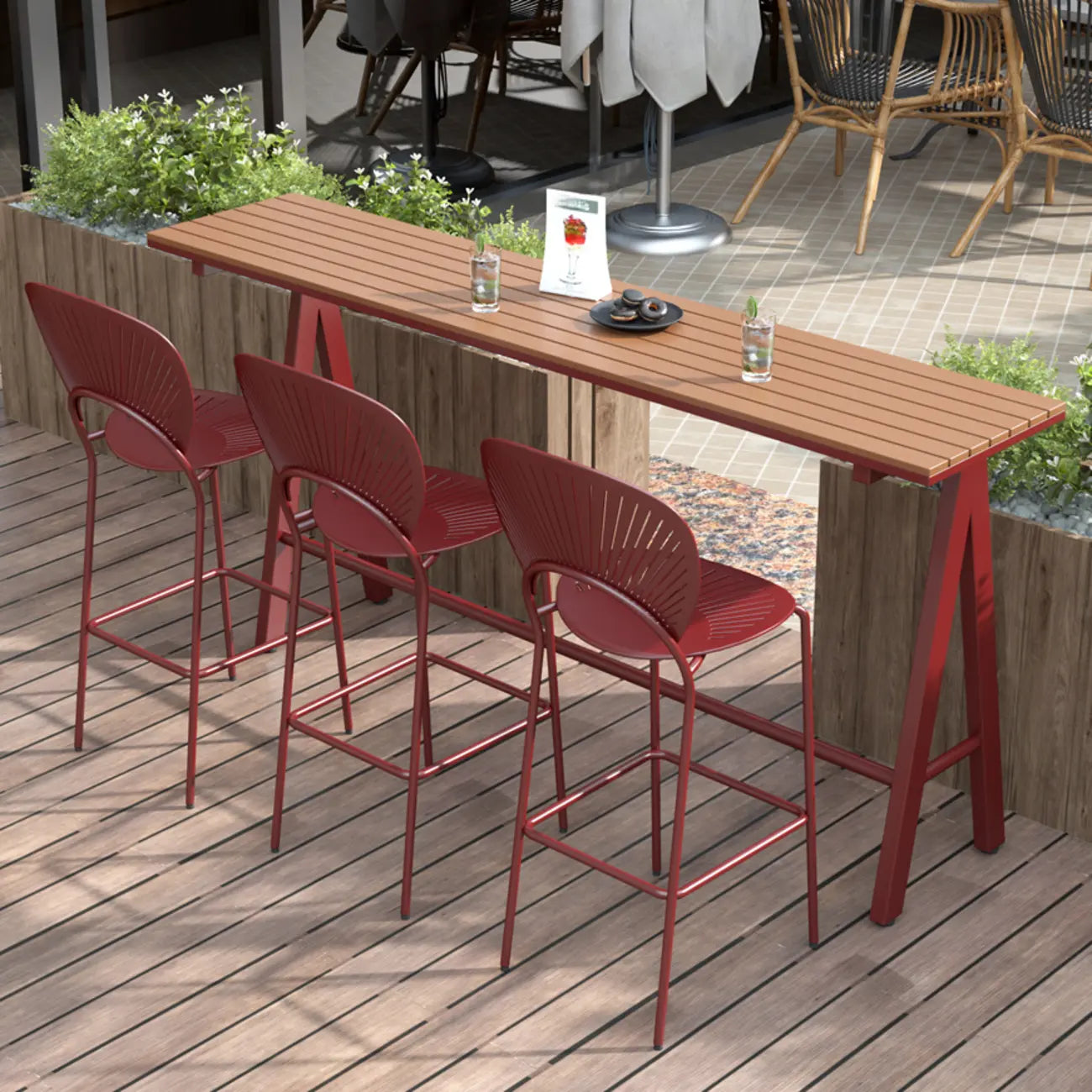 Green Metal Foot Support Wood Slat Outdoor Bar Tables