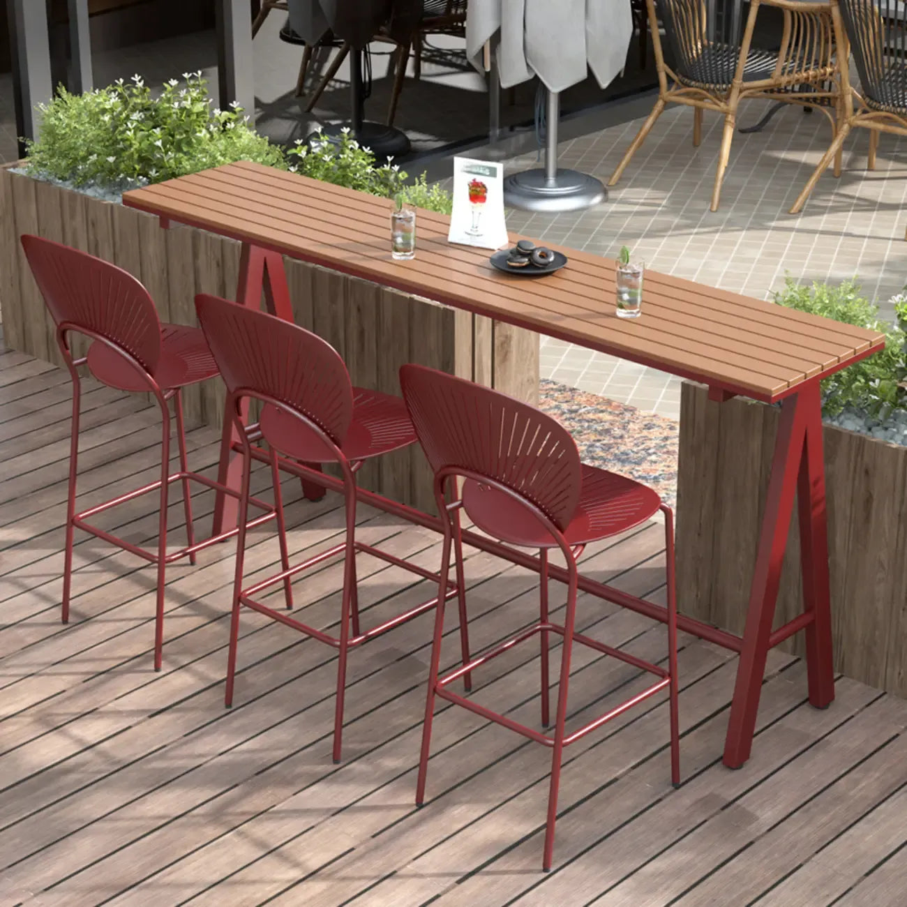 Green Metal Foot Support Wood Slat Outdoor Bar Tables