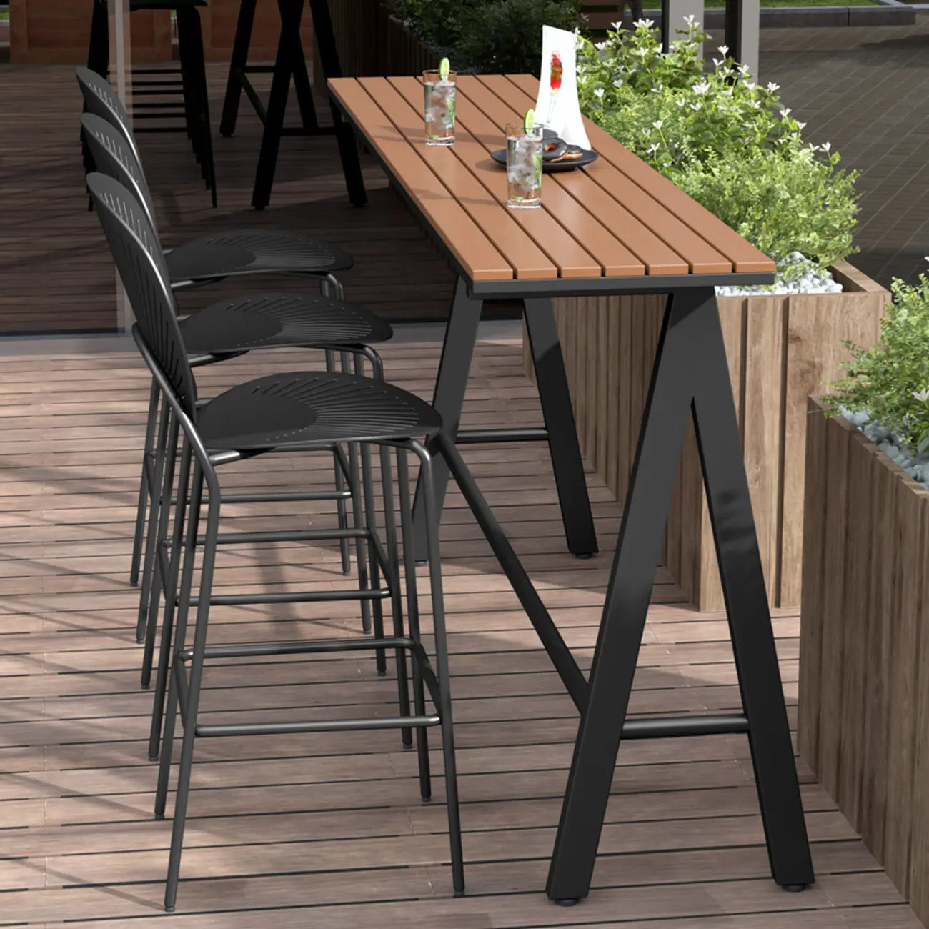 Green Metal Foot Support Wood Slat Outdoor Bar Tables