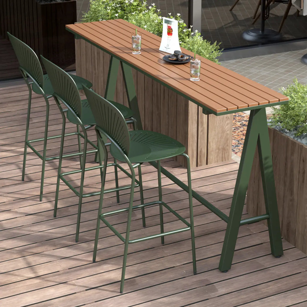 Green Metal Foot Support Wood Slat Outdoor Bar Tables