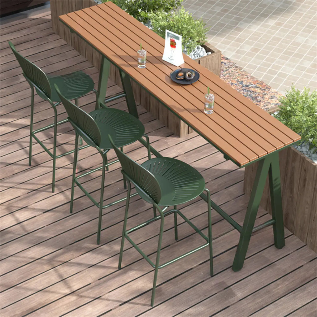 Green Metal Foot Support Wood Slat Outdoor Bar Tables
