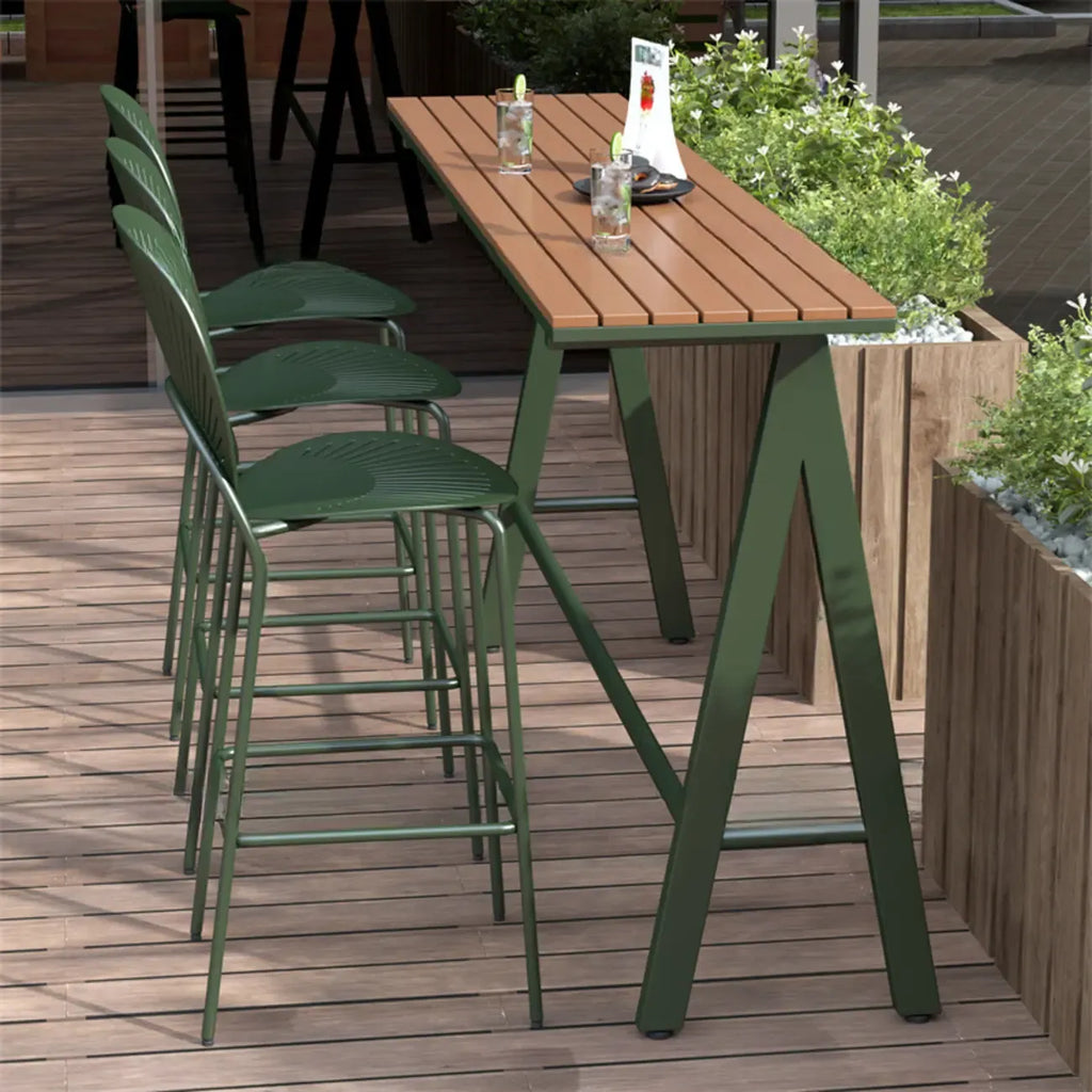 Green Metal Foot Support Wood Slat Outdoor Bar Tables