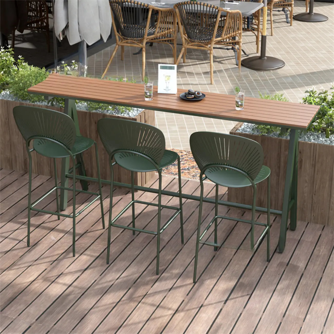 Green Metal Foot Support Wood Slat Outdoor Bar Tables