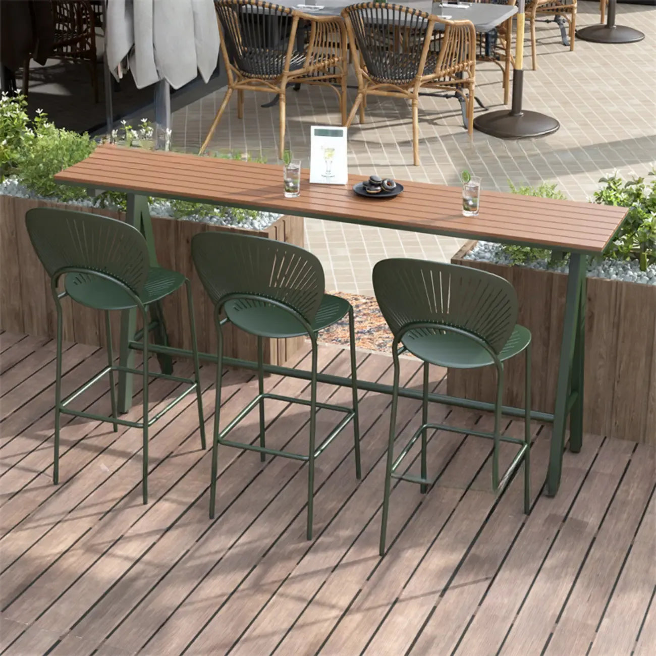 Green Metal Foot Support Wood Slat Outdoor Bar Tables