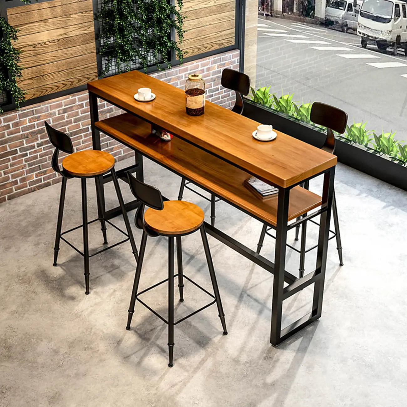 Modern Brown Wooden Metal Sled Shelf Bar Tables with Footrest