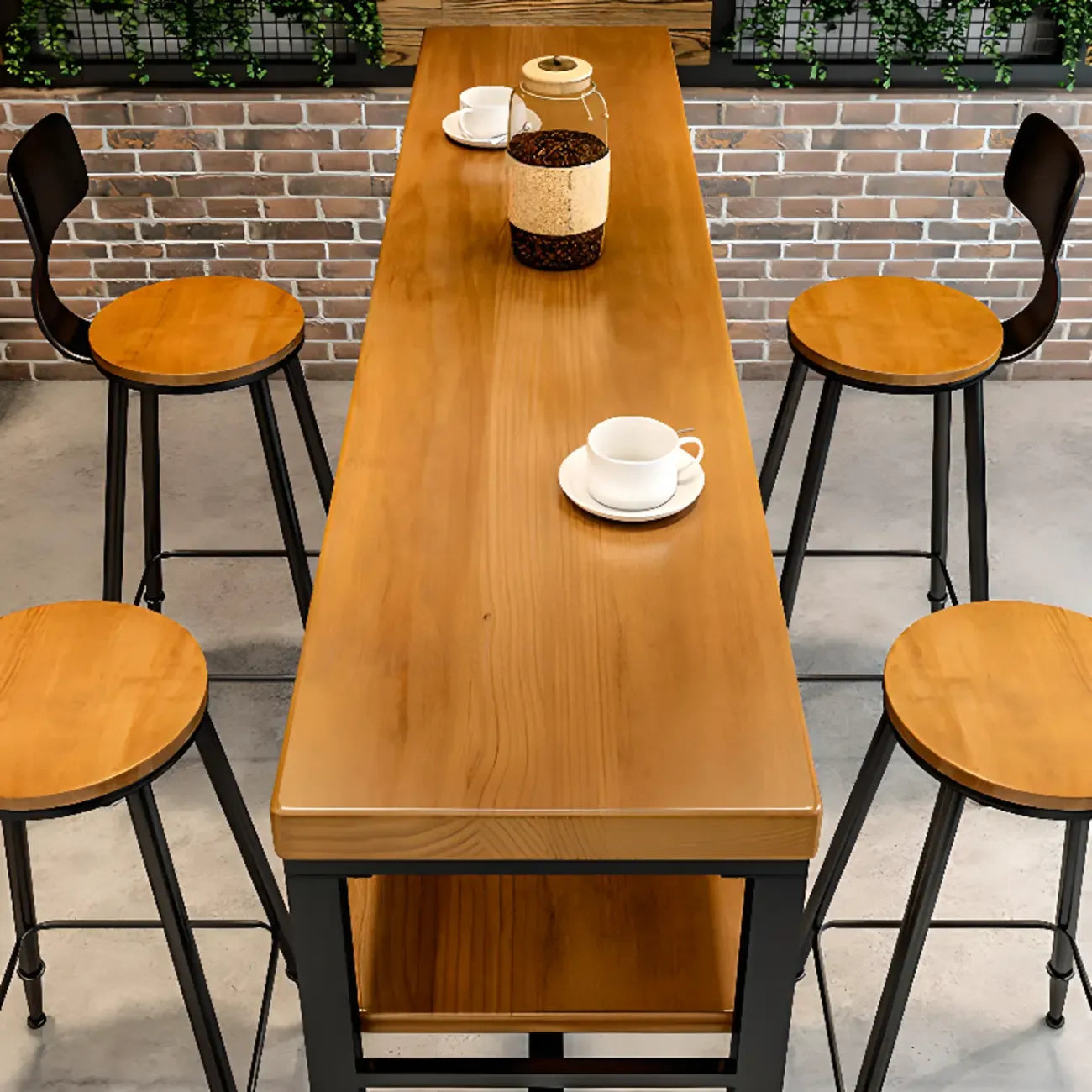 Modern Brown Wooden Metal Sled Shelf Bar Tables with Footrest