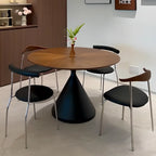 Modern Brown Round Wood Metal Cone Base Dining Table