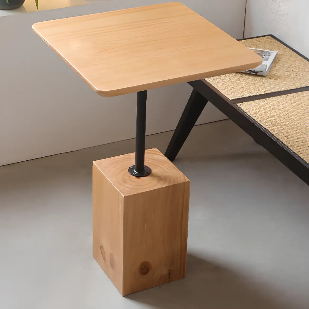 Natural Wood Square Block Base Chairside Table