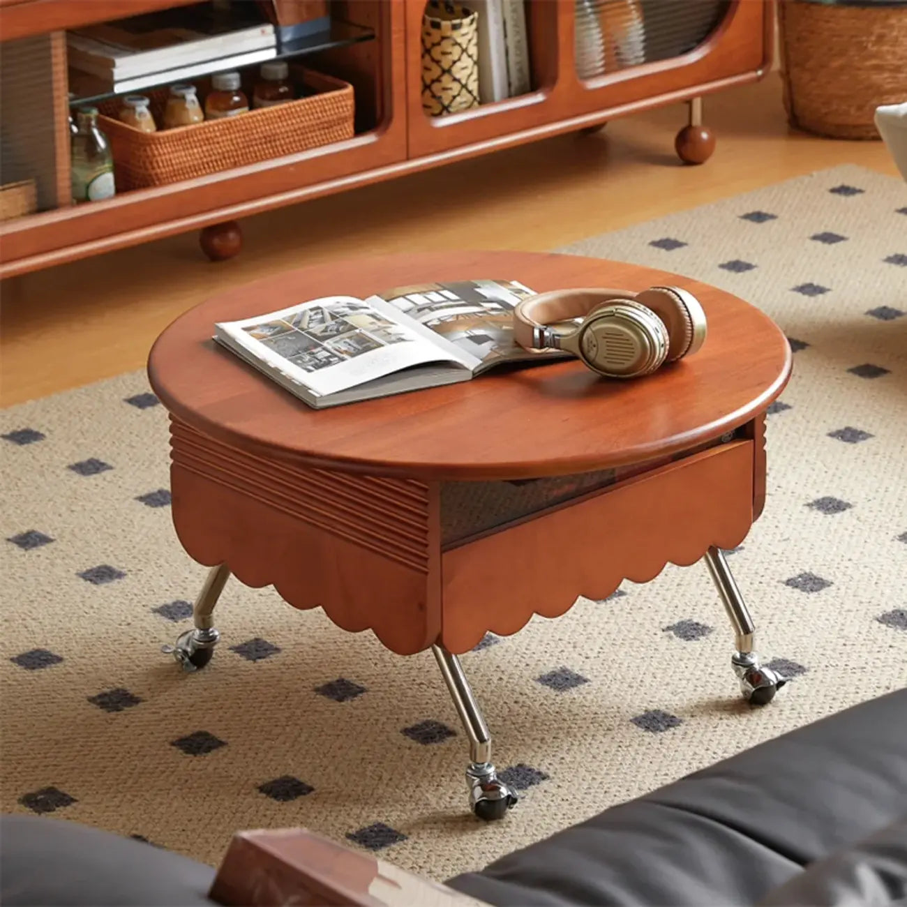 Adjustable Walnut Wood Flower Shaped Coffee Table with Wheels