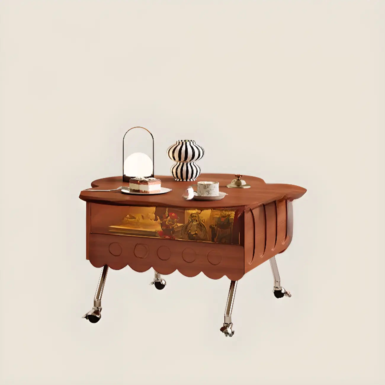 Adjustable Walnut Wood Flower Shaped Coffee Table with Wheels