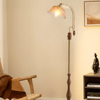 Classic Walnut Wood Glass Floral Shade Metal Arc Floor Lamp