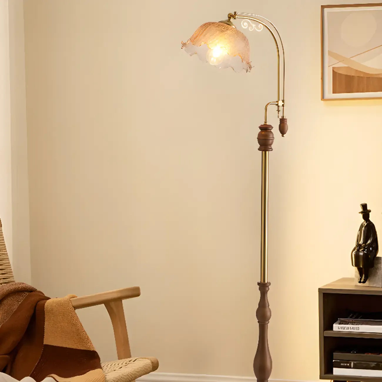Classic Walnut Wood Glass Floral Shade Metal Arc Floor Lamp