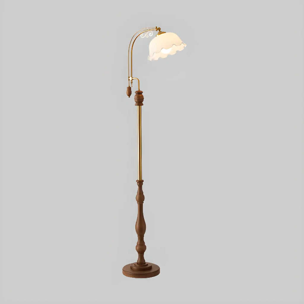 Classic Walnut Wood Glass Floral Shade Metal Arc Floor Lamp