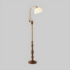 Classic Walnut Wood Glass Floral Shade Metal Arc Floor Lamp