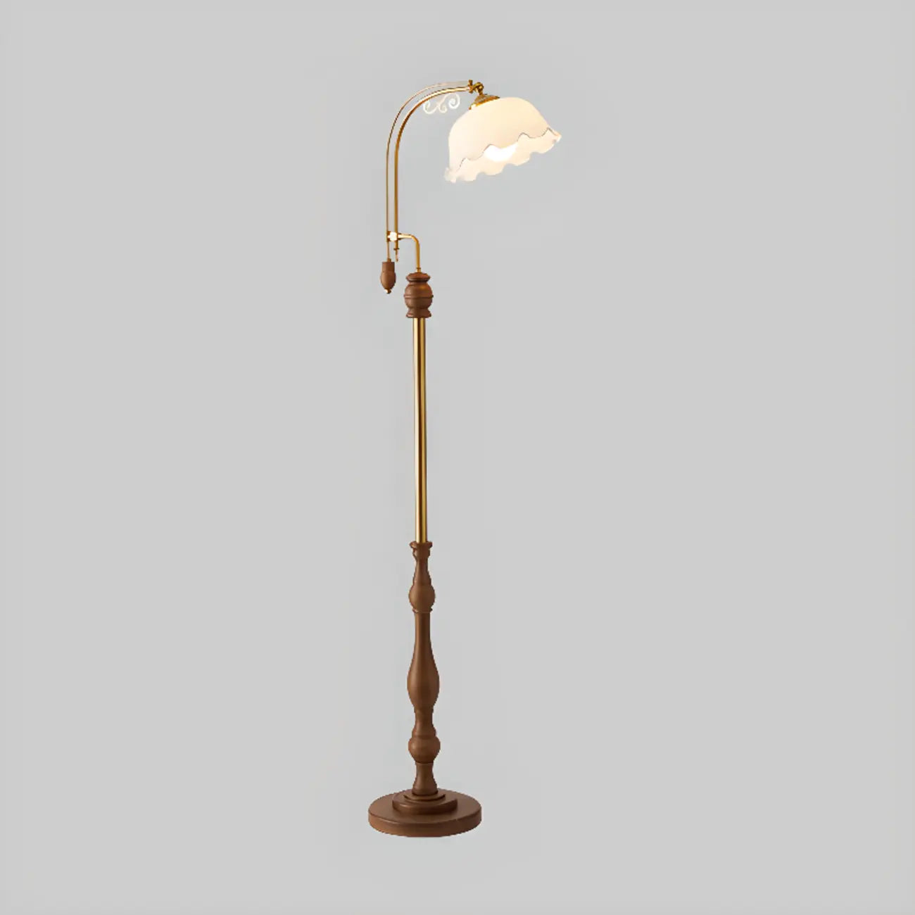 Classic Walnut Wood Glass Floral Shade Metal Arc Floor Lamp