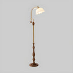 Classic Walnut Wood Glass Floral Shade Metal Arc Floor Lamp