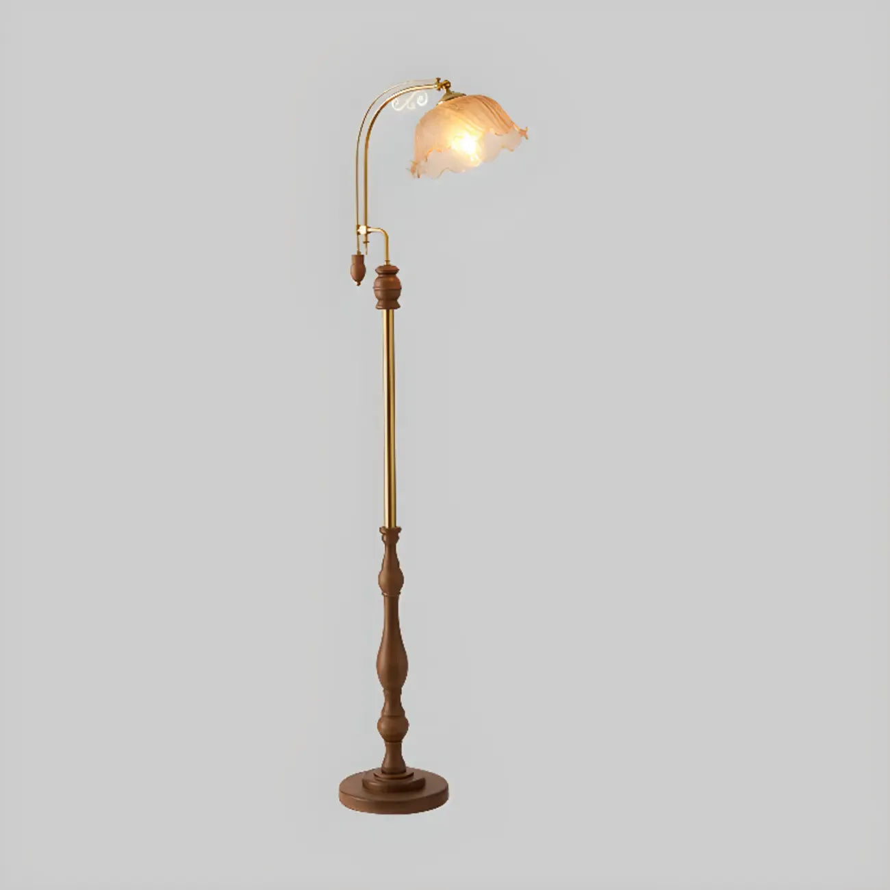 Classic Walnut Wood Glass Floral Shade Metal Arc Floor Lamp