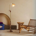 Classic Walnut Wood Glass Floral Shade Metal Arc Floor Lamp