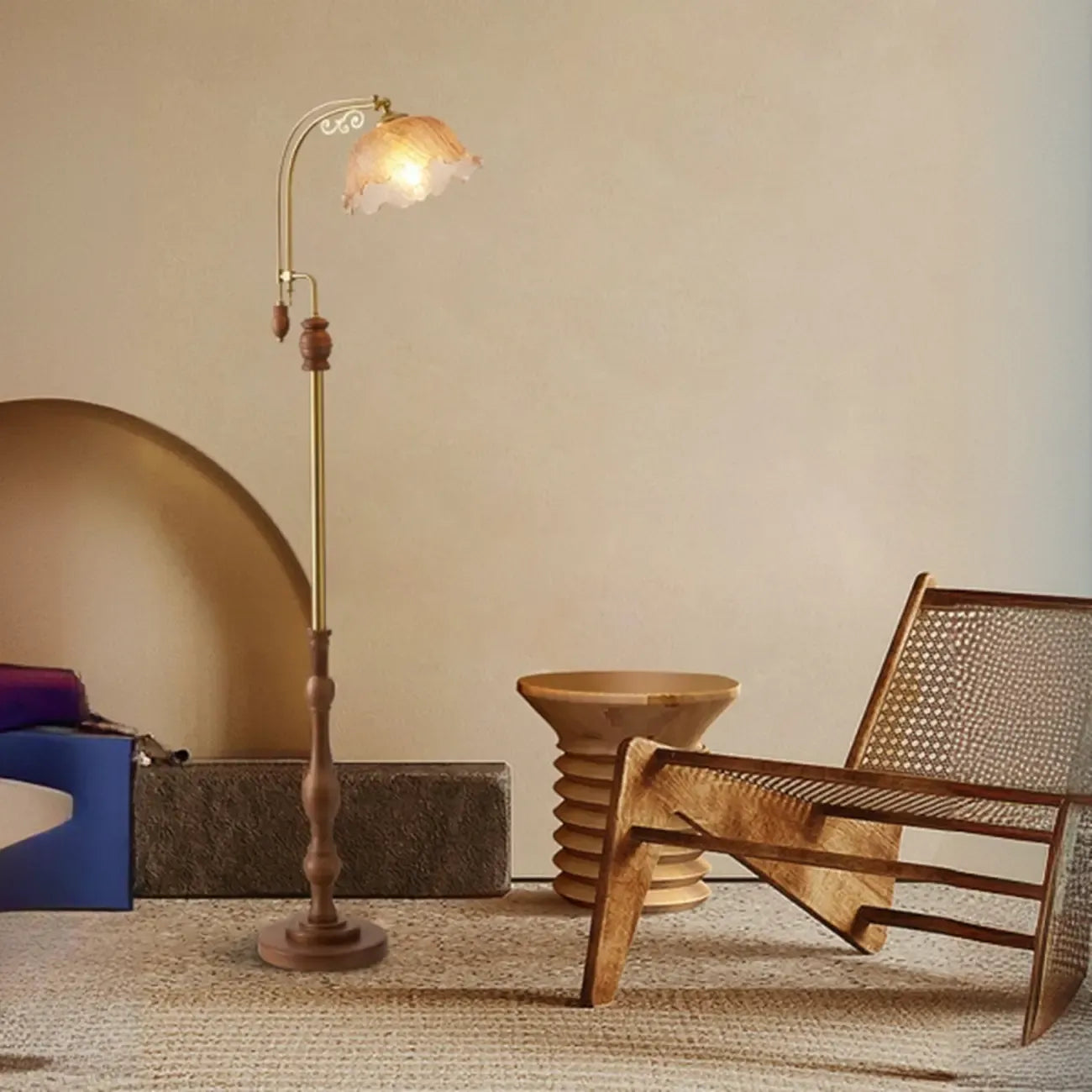 Classic Walnut Wood Glass Floral Shade Metal Arc Floor Lamp