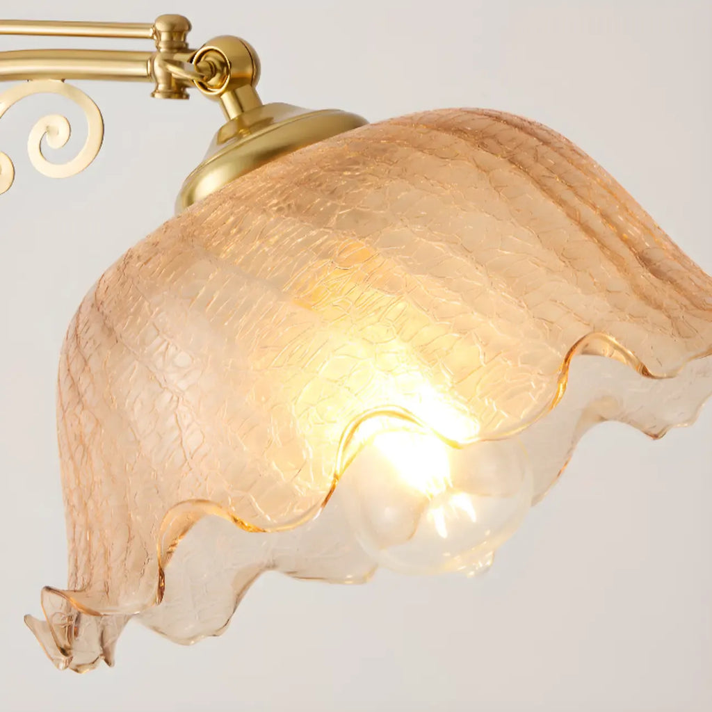 Classic Walnut Wood Glass Floral Shade Metal Arc Floor Lamp