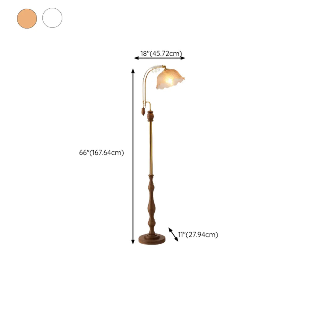 Classic Walnut Wood Glass Floral Shade Metal Arc Floor Lamp