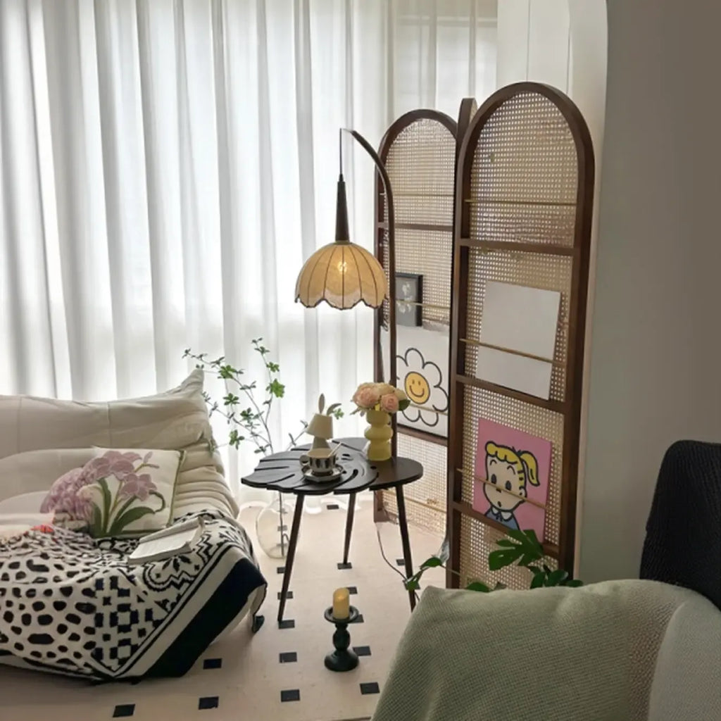 Rustic Flower Fabric Shade Tripod Arc Floor Lamp with Table