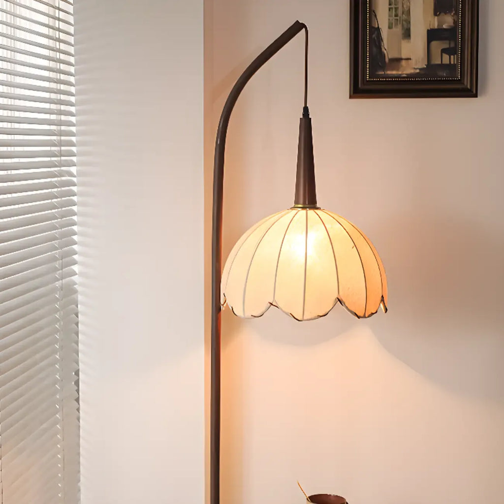 Rustic Flower Fabric Shade Tripod Arc Floor Lamp with Table