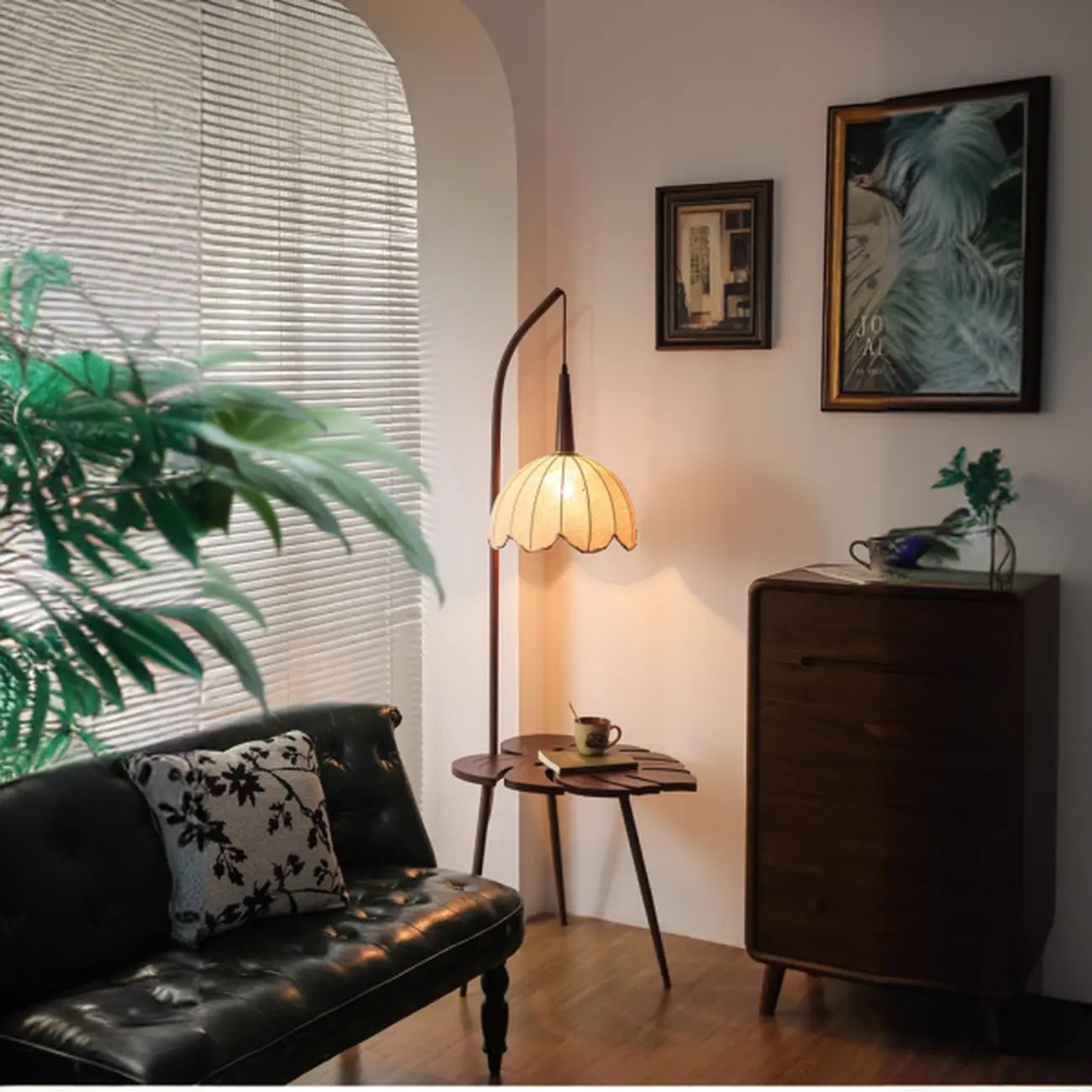 Rustic Flower Fabric Shade Tripod Arc Floor Lamp with Table