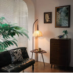 Rustic Flower Fabric Shade Tripod Arc Floor Lamp with Table