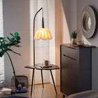 Rustic Flower Fabric Shade Tripod Arc Floor Lamp with Table