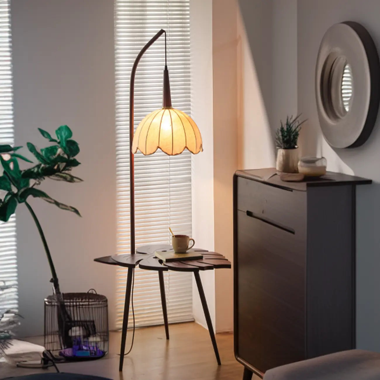 Rustic Flower Fabric Shade Tripod Arc Floor Lamp with Table