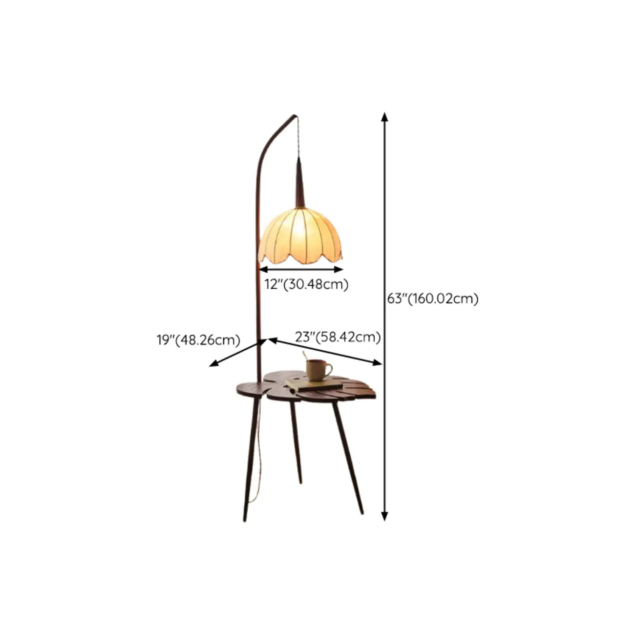 Rustic Flower Fabric Shade Tripod Arc Floor Lamp with Table